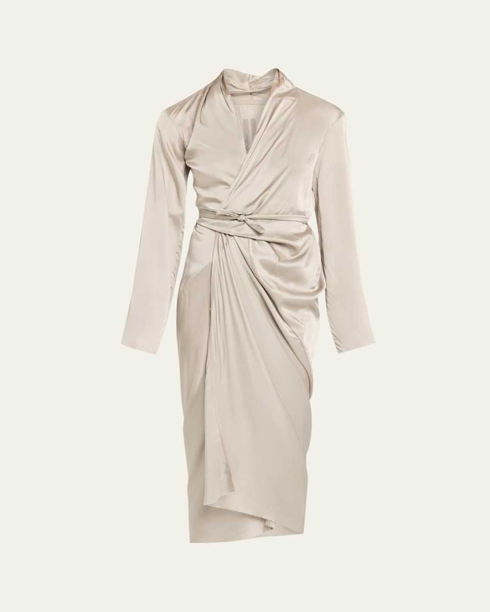 Long-Sleeve Draped Wrap Midi Dress